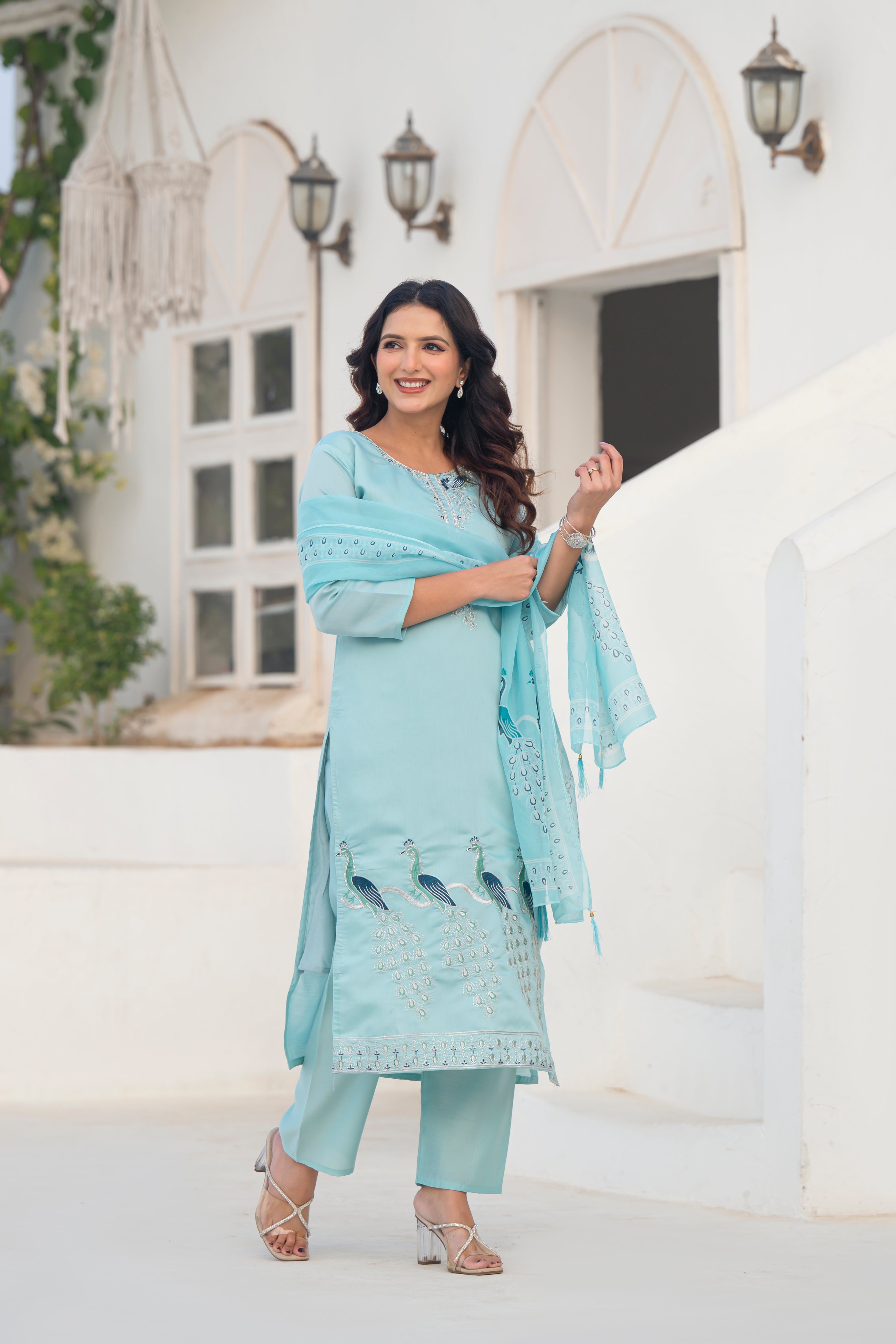 Coral Blue Embroidered Roman Silk Suit Set