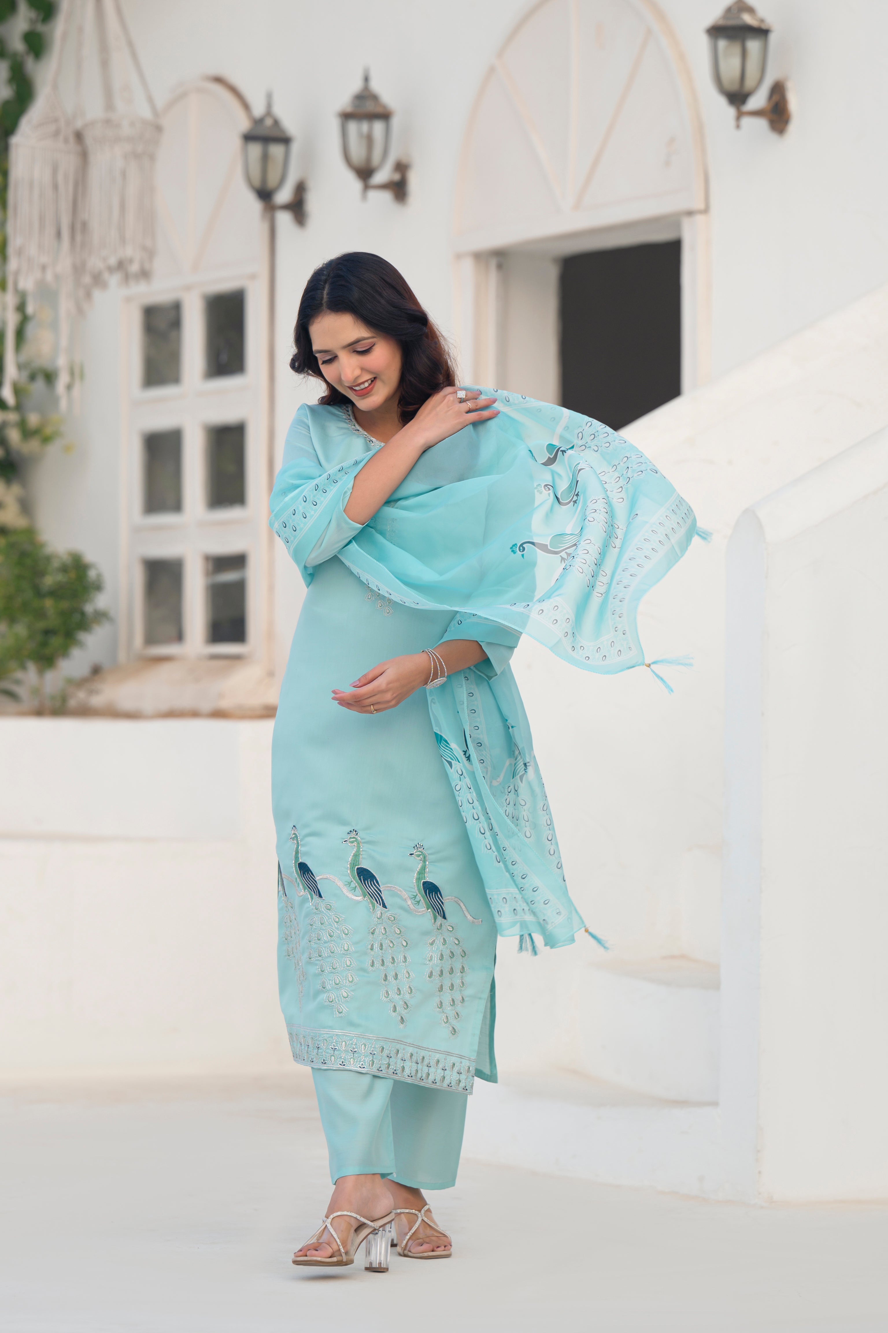 Coral Blue Embroidered Roman Silk Suit Set