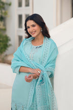 Coral Blue Embroidered Roman Silk Suit Set with Dupatta