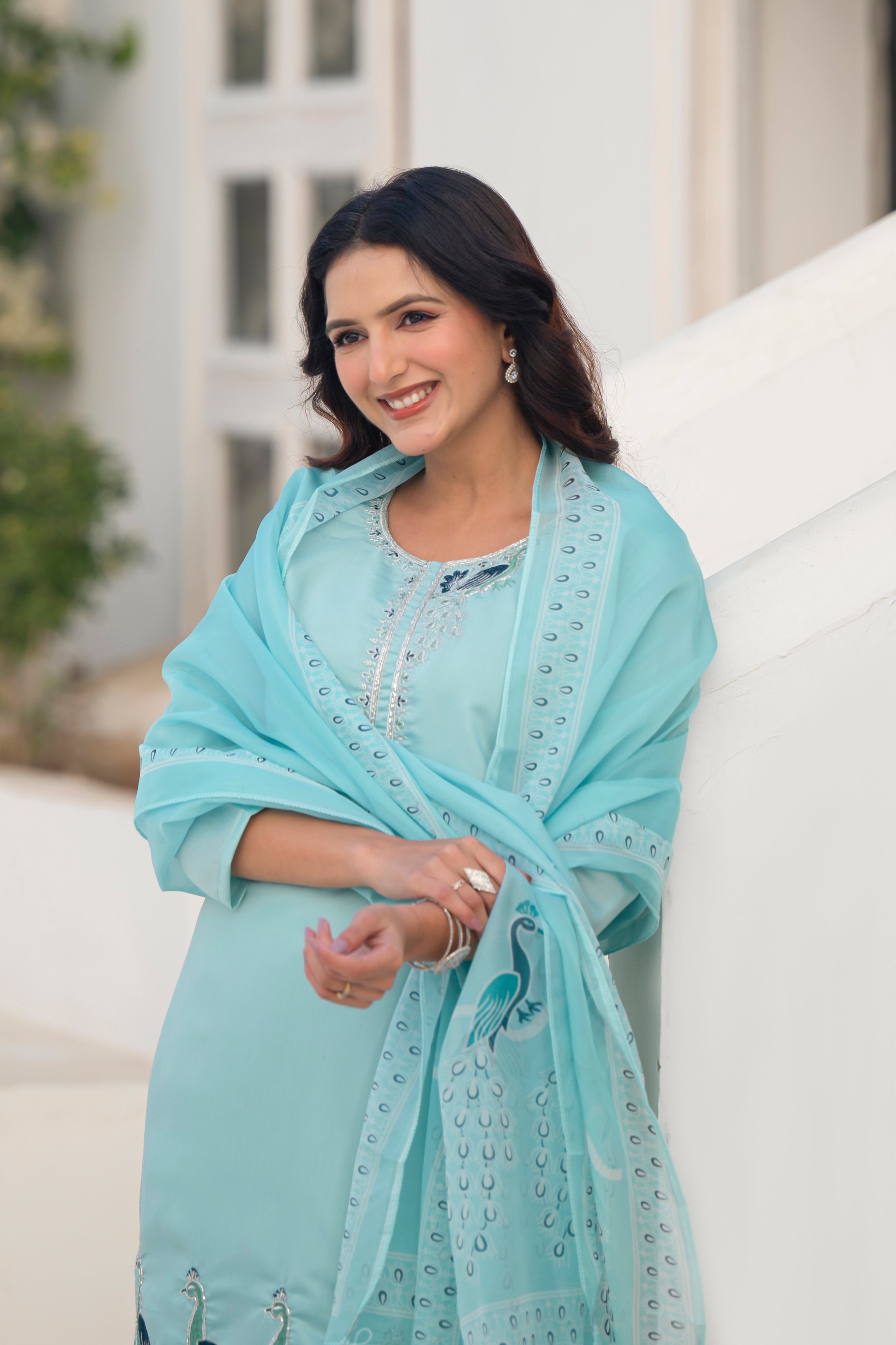 Coral Blue Embroidered Roman Silk Suit Set
