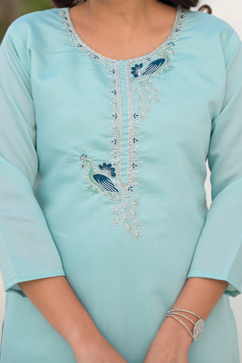 Coral Blue Embroidered Roman Silk Suit Set
