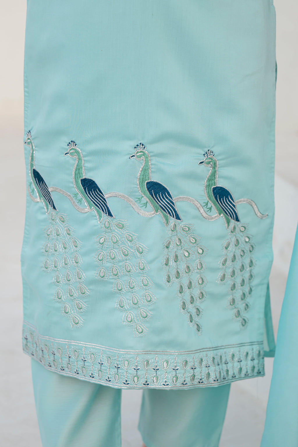 Coral Blue Embroidered Roman Silk Suit Set