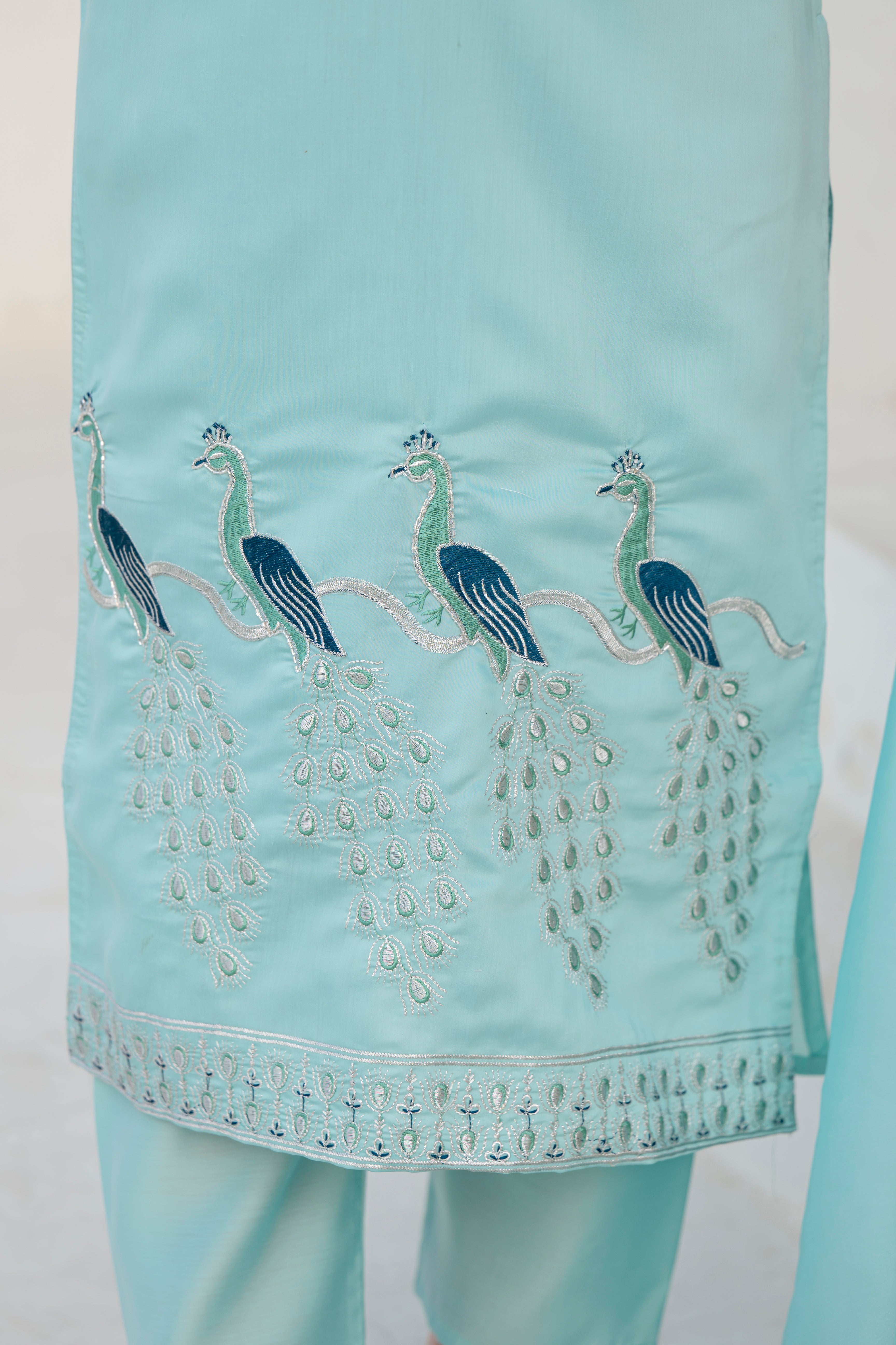 Coral Blue Embroidered Roman Silk Suit Set