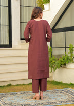 Copper Rose Embroidered Roman Silk Suit Set with Dupatta