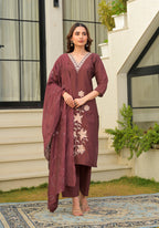 Copper Rose Embroidered Roman Silk Suit Set with Dupatta