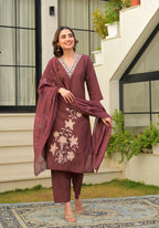 Copper Rose Embroidered Roman Silk Suit Set with Dupatta