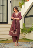 Copper Rose Embroidered Roman Silk Suit Set with Dupatta