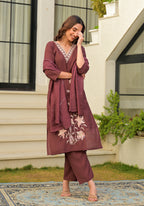 Copper Rose Embroidered Roman Silk Suit Set with Dupatta