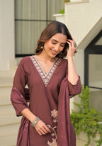 Copper Rose Embroidered Roman Silk Suit Set with Dupatta