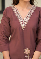 Copper Rose Embroidered Roman Silk Suit Set with Dupatta