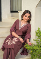 Copper Rose Embroidered Roman Silk Suit Set with Dupatta