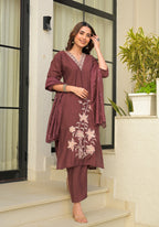 Copper Rose Embroidered Roman Silk Suit Set with Dupatta