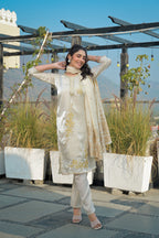 Moon Mist Embroidered Roman Shimmer Suit Set with Dupatta