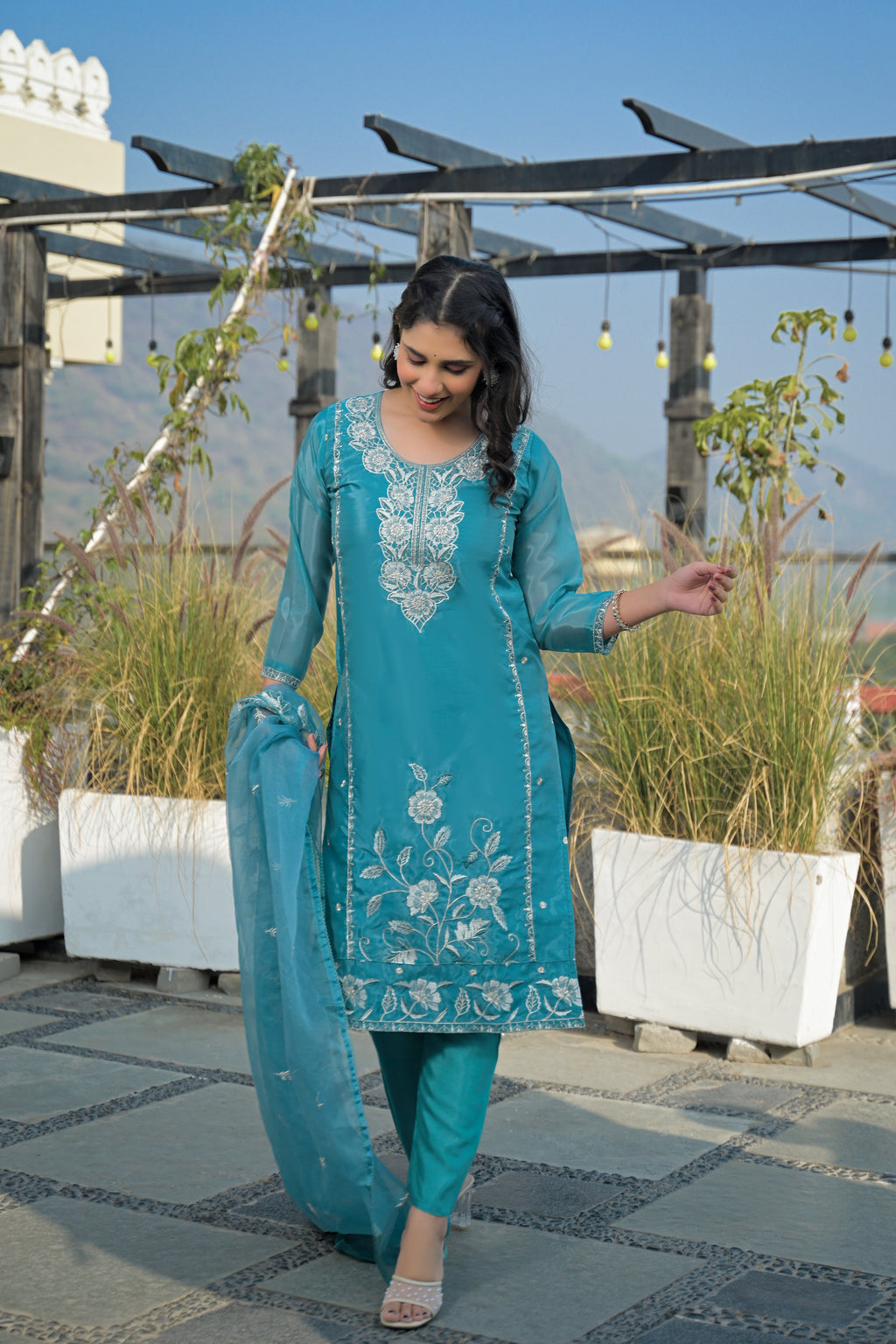 Eastern Blue Embroidered Roman Silk Suit Set