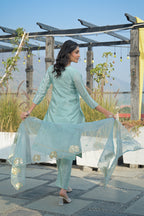 Shadow Green Embroidered Roman Shimmer Suit Set with Dupatta