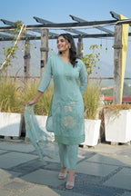 Shadow Green Embroidered Roman Shimmer Suit Set with Dupatta