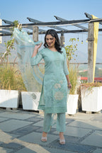 Shadow Green Embroidered Roman Shimmer Suit Set with Dupatta