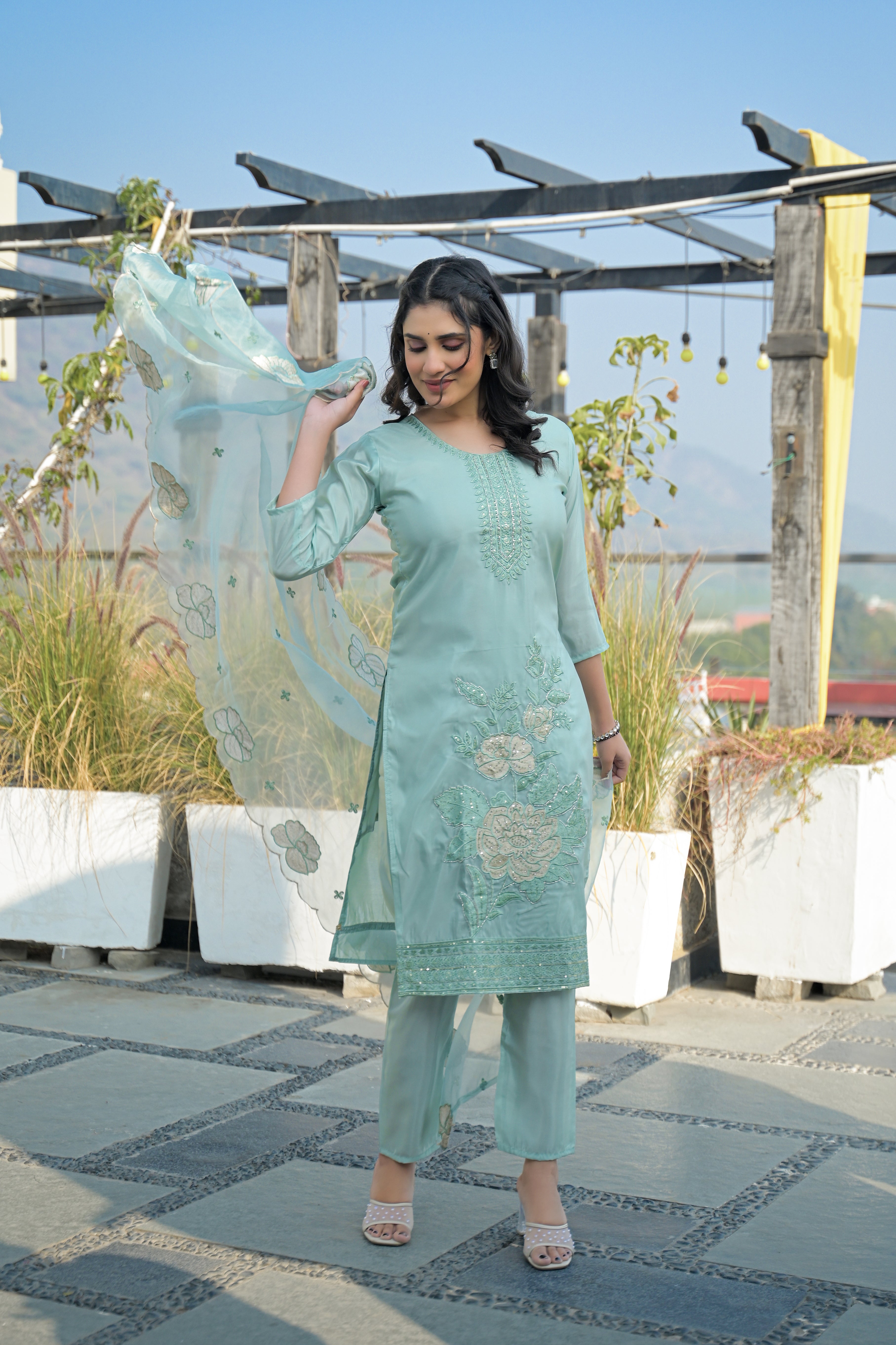Shadow Green Embroidered Roman Shimmer Suit Set