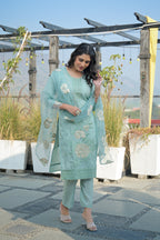 Shadow Green Embroidered Roman Shimmer Suit Set with Dupatta