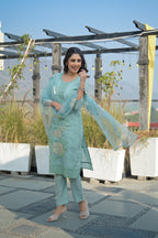 Shadow Green Embroidered Roman Shimmer Suit Set with Dupatta
