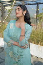 Shadow Green Embroidered Roman Shimmer Suit Set with Dupatta