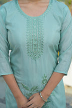 Shadow Green Embroidered Roman Shimmer Suit Set with Dupatta