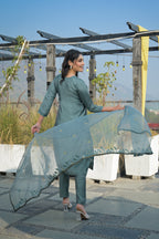 Bluish Grey Embroidered Roman Silk Suit Set with Dupatta