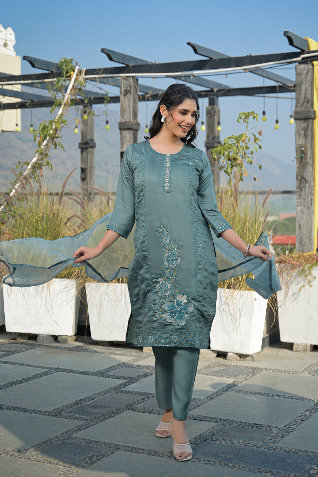 Bluish Grey Embroidered Roman Silk Suit Set