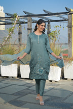 Bluish Grey Embroidered Roman Silk Suit Set with Dupatta