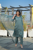 Bluish Grey Embroidered Roman Silk Suit Set with Dupatta
