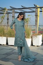Bluish Grey Embroidered Roman Silk Suit Set with Dupatta