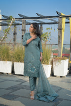Bluish Grey Embroidered Roman Silk Suit Set with Dupatta