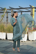 Bluish Grey Embroidered Roman Silk Suit Set with Dupatta