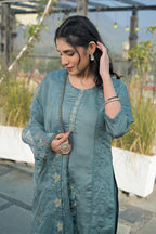 Bluish Grey Embroidered Roman Silk Suit Set with Dupatta