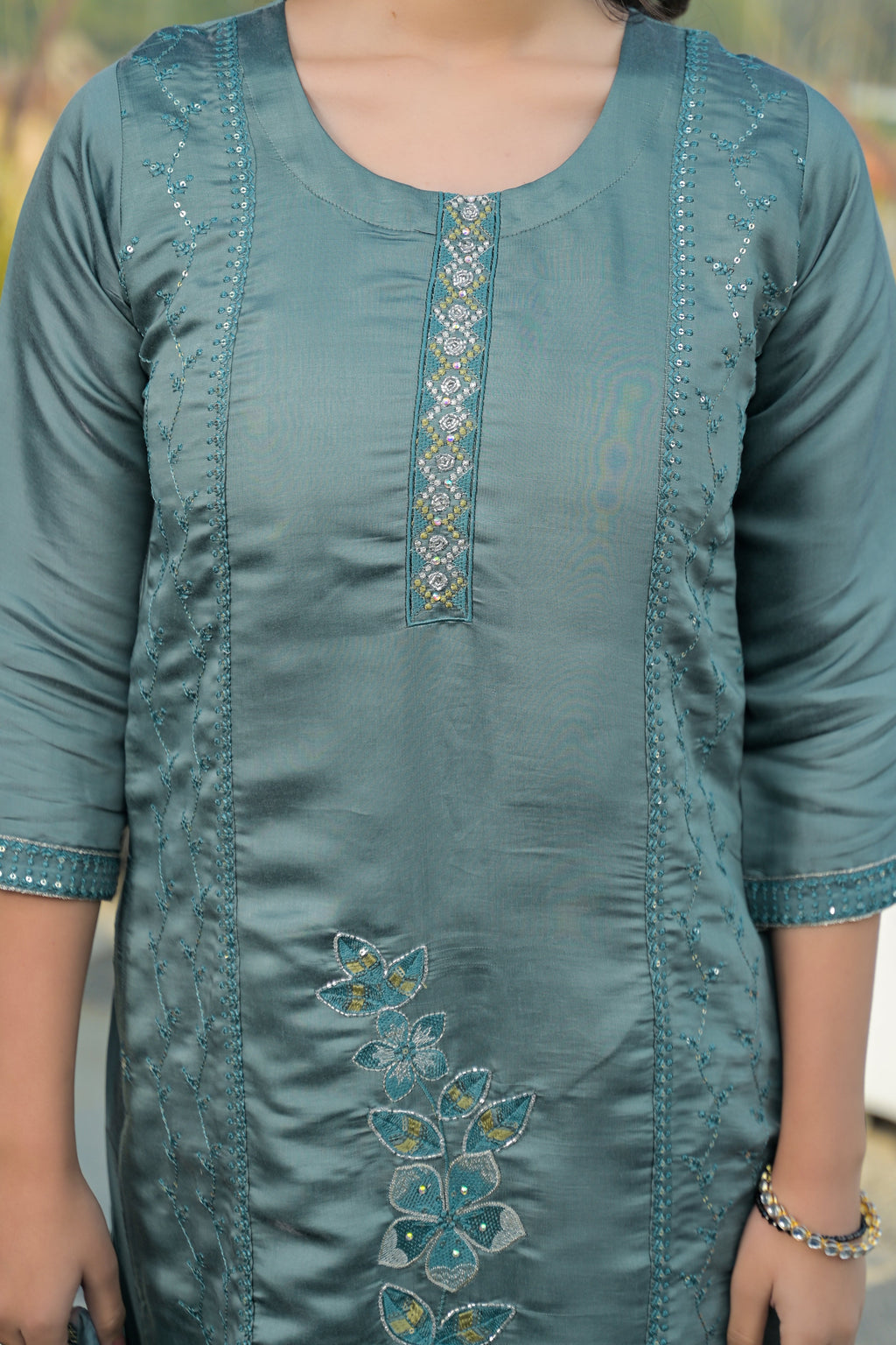 Bluish Grey Embroidered Roman Silk Suit Set