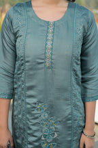 Bluish Grey Embroidered Roman Silk Suit Set with Dupatta