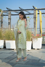 Pixie Green Embroidered Roman Silk Suit Set with Dupatta