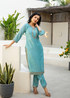 Fountain Blue Embroidered Roman Silk Suit Set with Dupatta