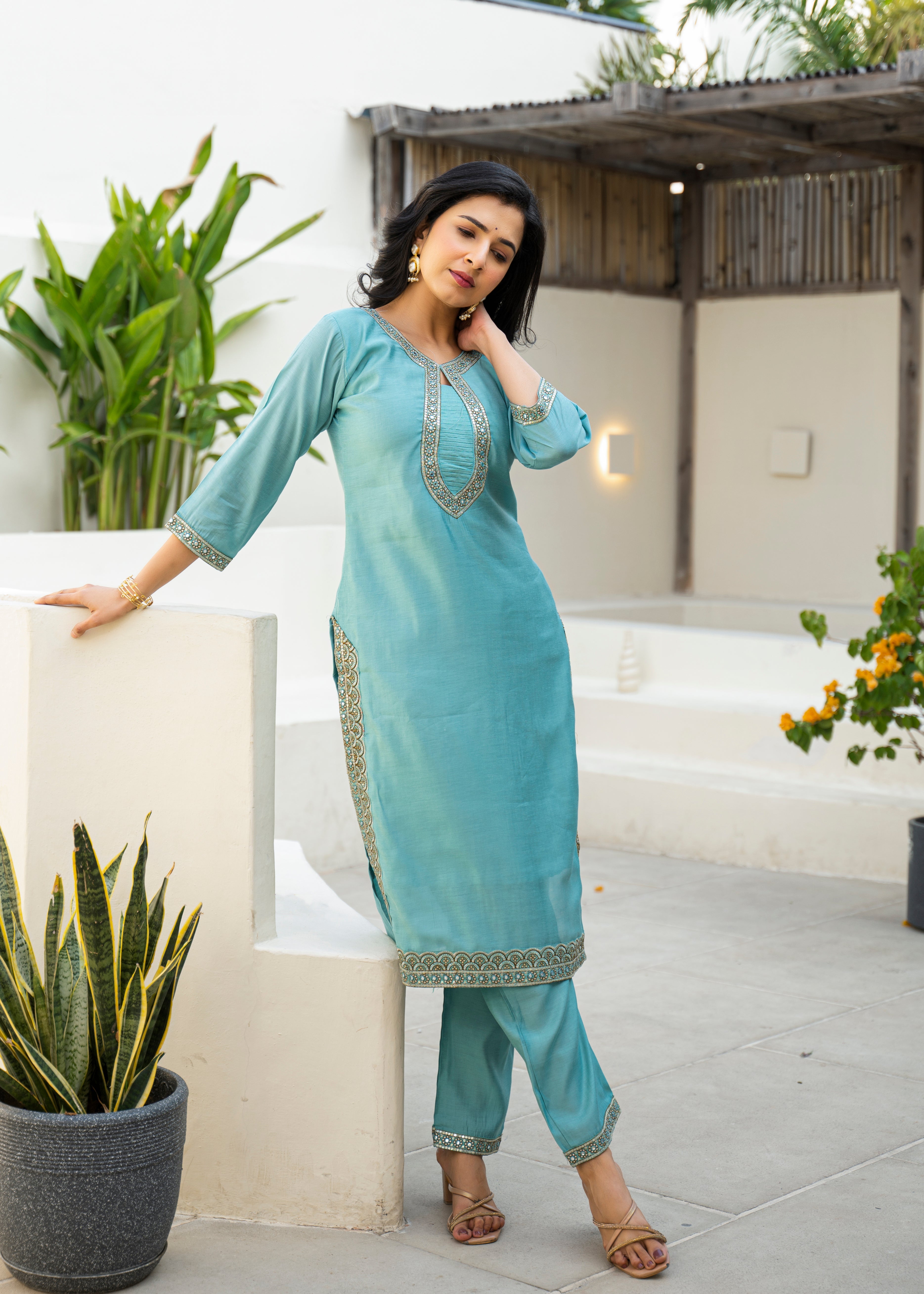 Fountain Blue Embroidered Roman Silk Suit Set