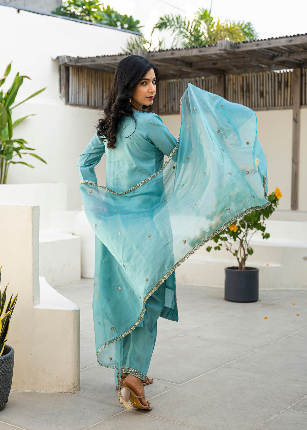Fountain Blue Embroidered Roman Silk Suit Set