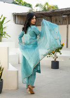 Fountain Blue Embroidered Roman Silk Suit Set with Dupatta