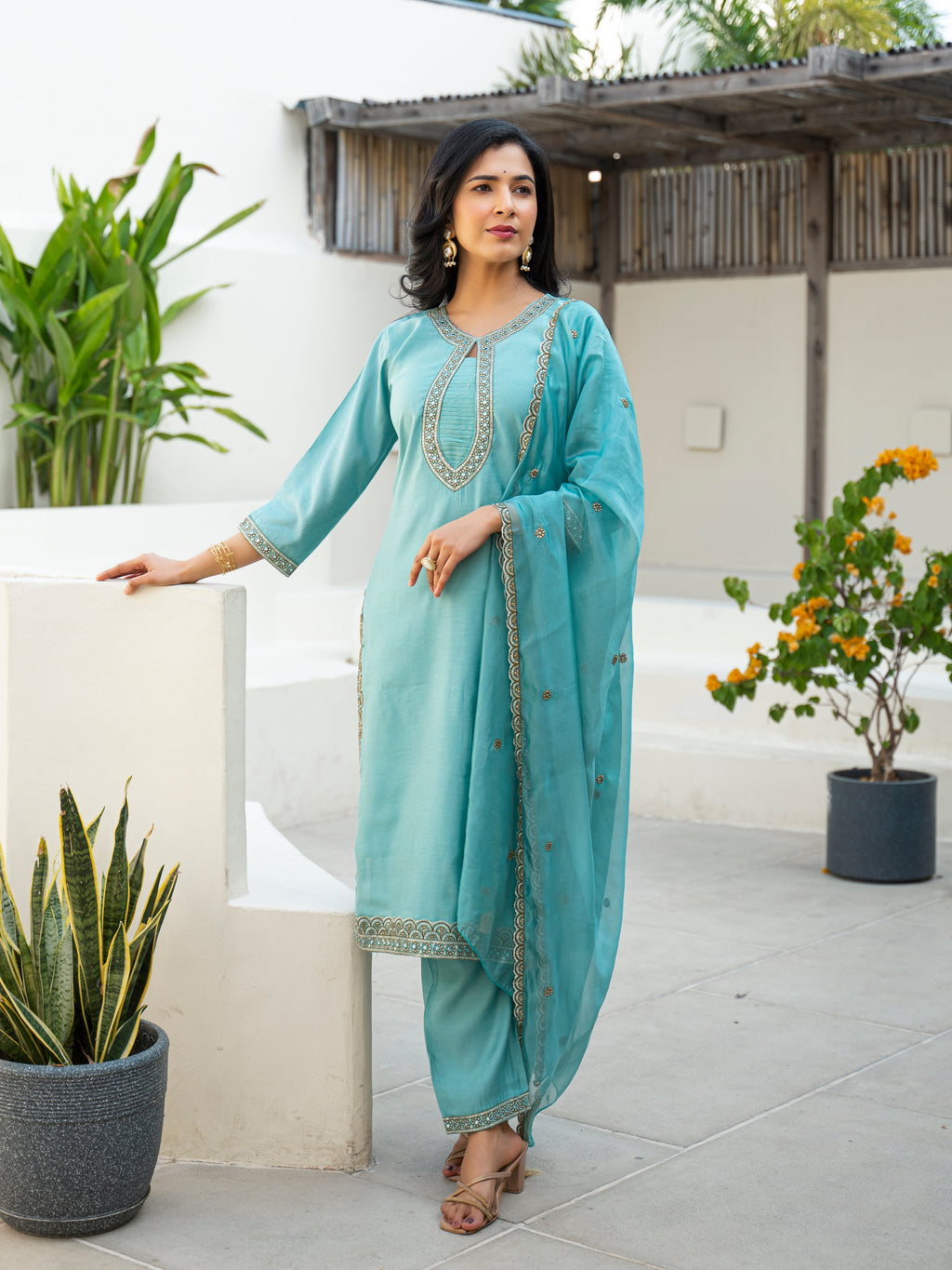 Fountain Blue Embroidered Roman Silk Suit Set