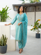 Fountain Blue Embroidered Roman Silk Suit Set with Dupatta
