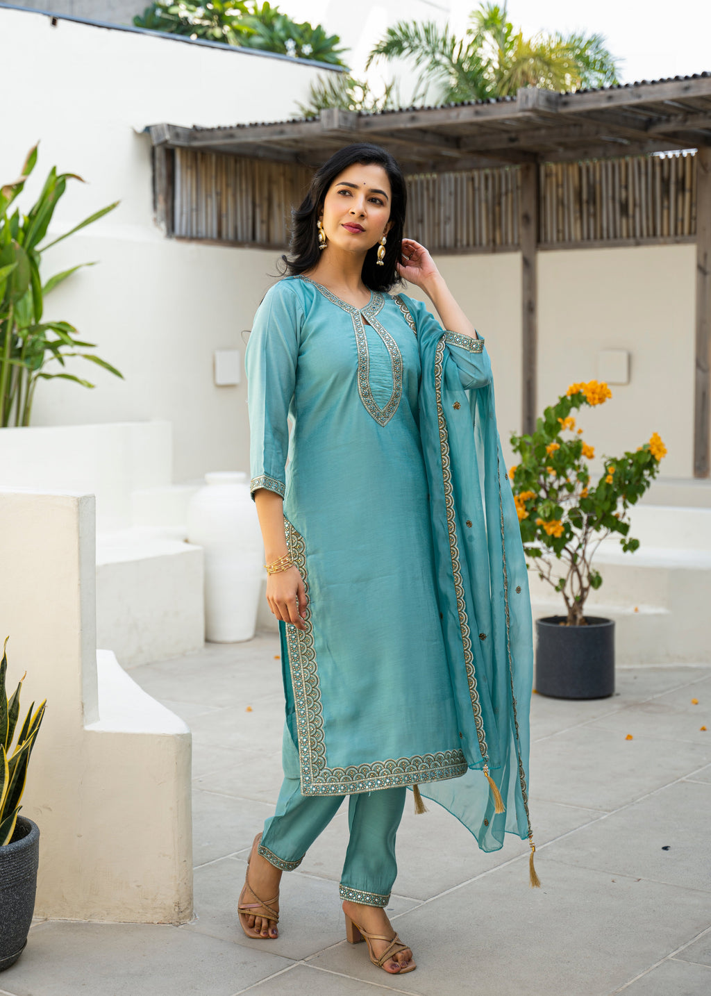 Fountain Blue Embroidered Roman Silk Suit Set