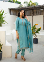 Fountain Blue Embroidered Roman Silk Suit Set with Dupatta