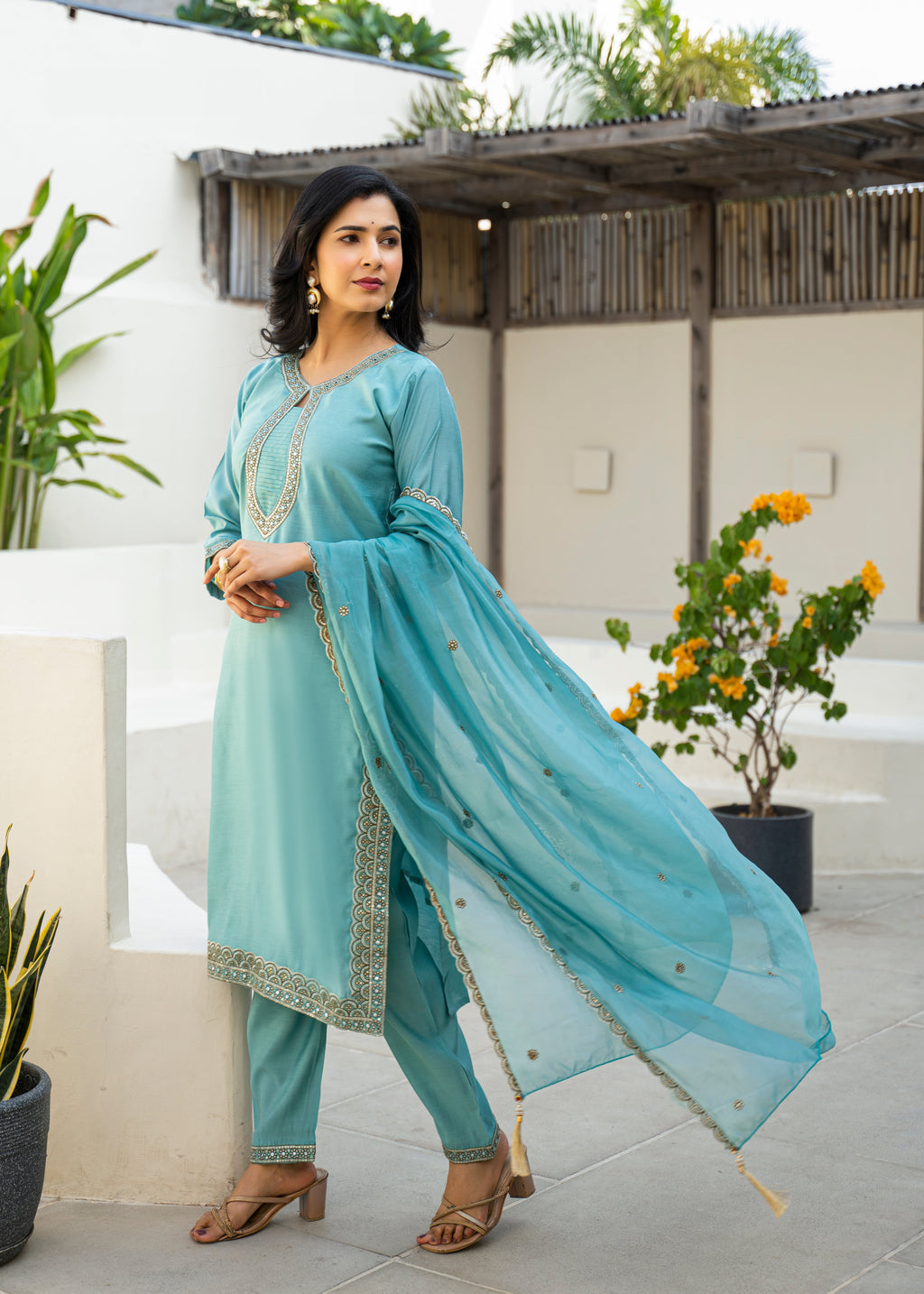 Fountain Blue Embroidered Roman Silk Suit Set