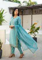 Fountain Blue Embroidered Roman Silk Suit Set with Dupatta
