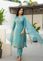 Fountain Blue Embroidered Roman Silk Suit Set with Dupatta