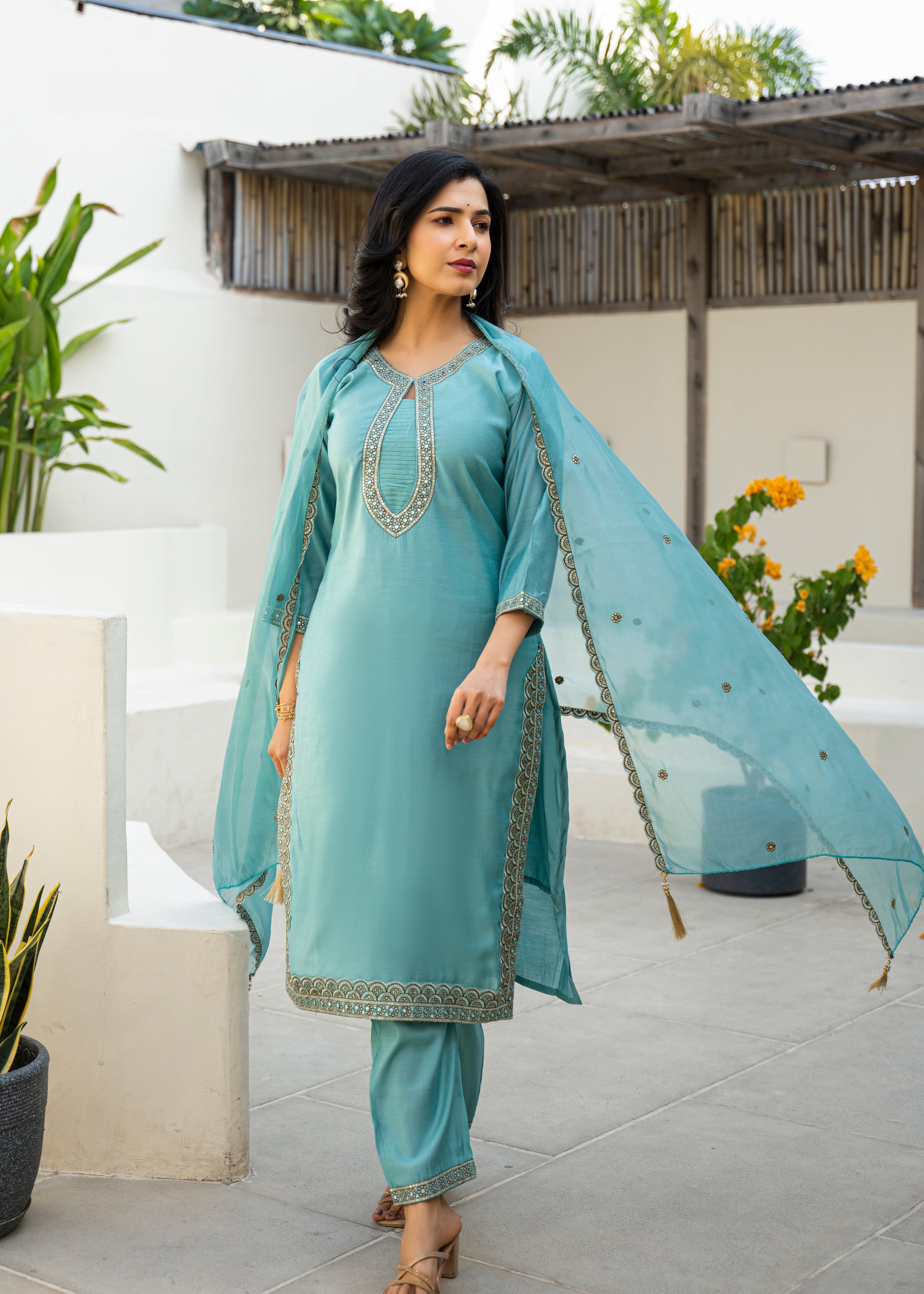 Fountain Blue Embroidered Roman Silk Suit Set