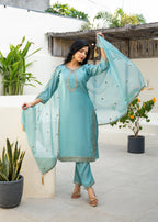 Fountain Blue Embroidered Roman Silk Suit Set with Dupatta